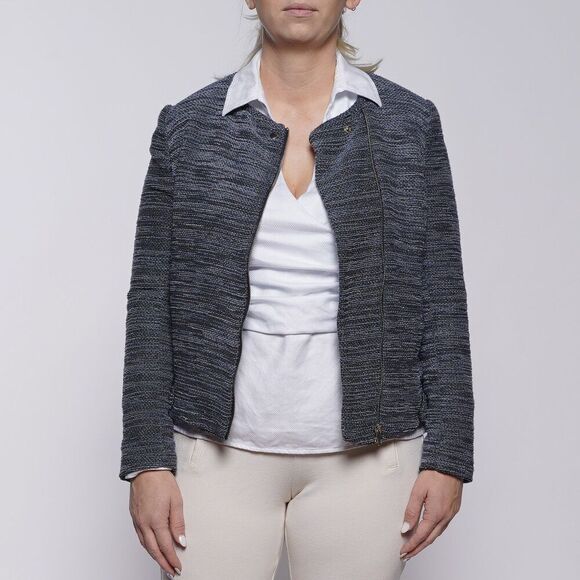 NWT H&M Blue Tweed Collarless Moto Jacket - Picture 3 of 6